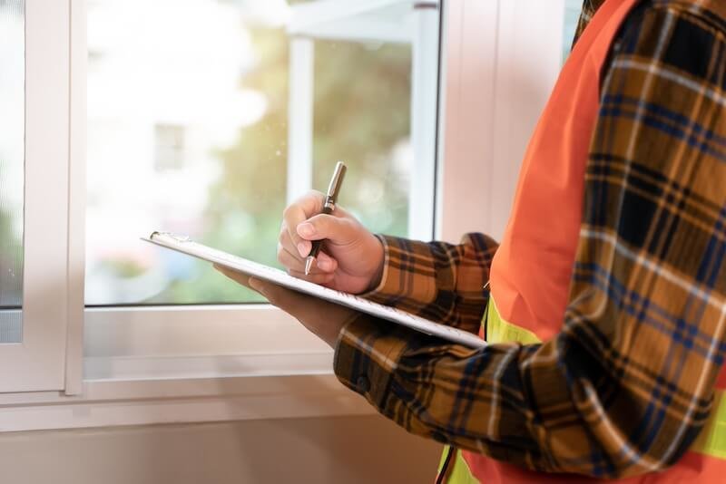 Home inspector reviewing a window